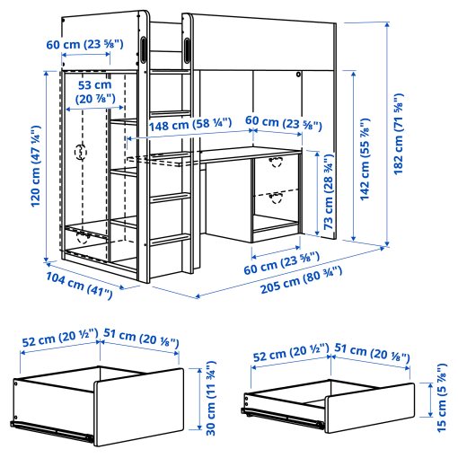 SMÅSTAD, loft bed with desk/3 drawers, 90x200 cm, 594.288.73