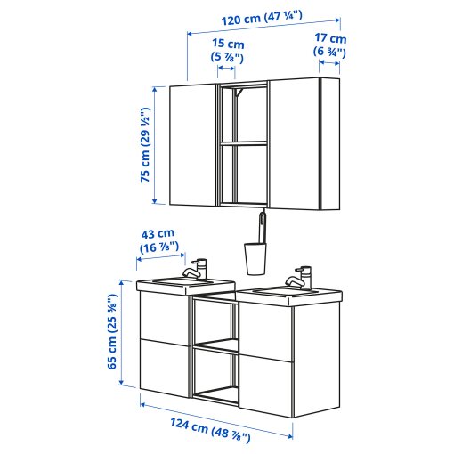ENHET/TVALLEN, bathroom furniture set of 22, 124x43x65 cm, 694.799.61