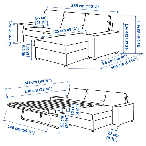 VIMLE, τριθέσιος καναπές-κρεβάτι με πλατιά μπράτσα και σεζλόνγκ, 695.452.87