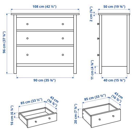 HEMNES, συρταριέρα με 3 συρτάρια, 108x96 cm, 706.107.38