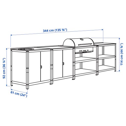 GRILLSKÄR, kitchen sink unit/charcoal barbecue/outdoor, 344x61 cm, 794.968.80