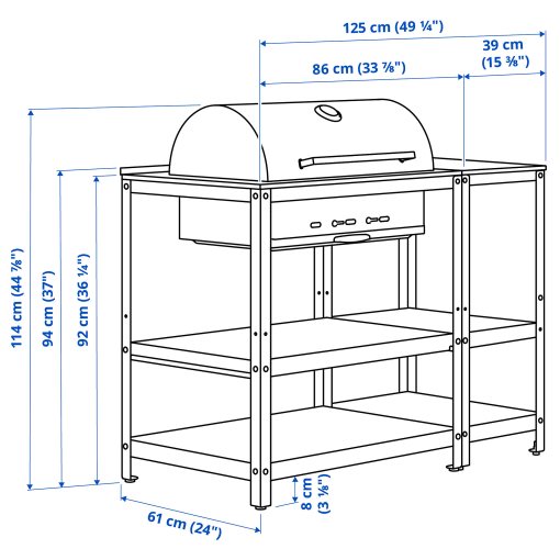 GRILLSKÄR, charcoal barbecue with kitchen island/outdoor, 125x61 cm, 994.952.38