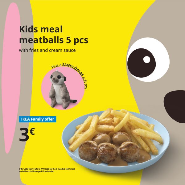 Kids meal meatballs 5 pieces plus a SANDLÖPARE soft toy. 