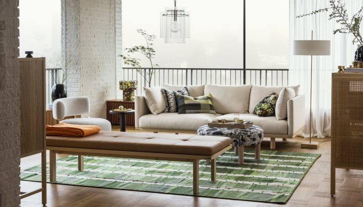 A Japandi living room with colours and materials inspired by nature