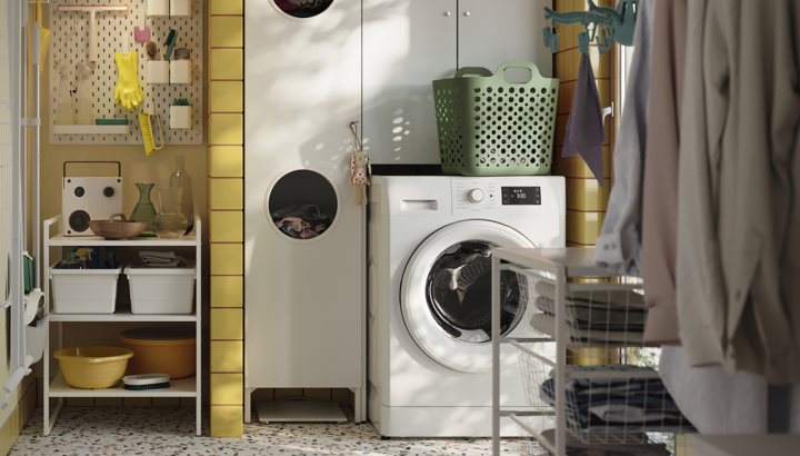 A laundry room for multi-tasking, with a splash of colour