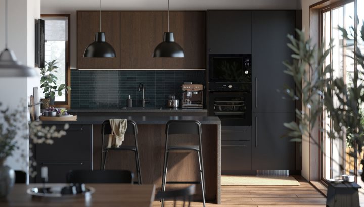A modern, family-friendly U-shaped kitchen in dark wood and matt black