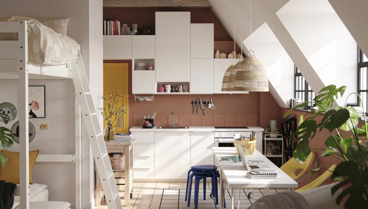 A quirky and personalised kitchen in a modern studio for work and play