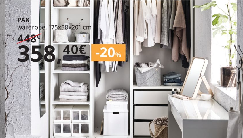20% off PAX wardrobe systems and their KOMPLEMENT interiors.
