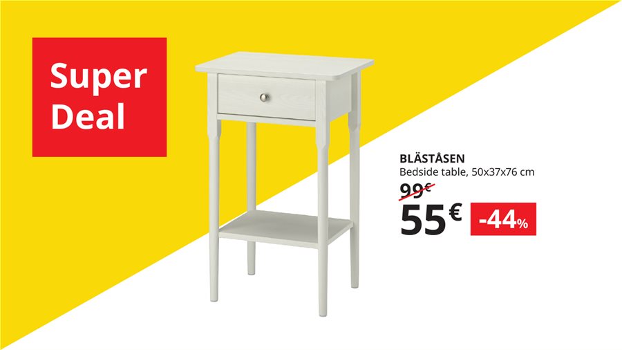 Get the BLÄSTÅSEN bedside table at 44% off, for a few hours only. 