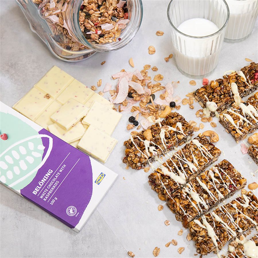 Cereal bars with dried berries, nuts, and white chocolate