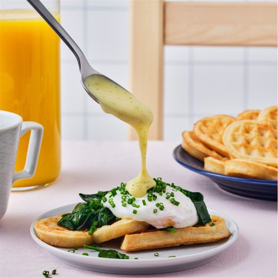 Waffles Benedict with lemon and dill sauce