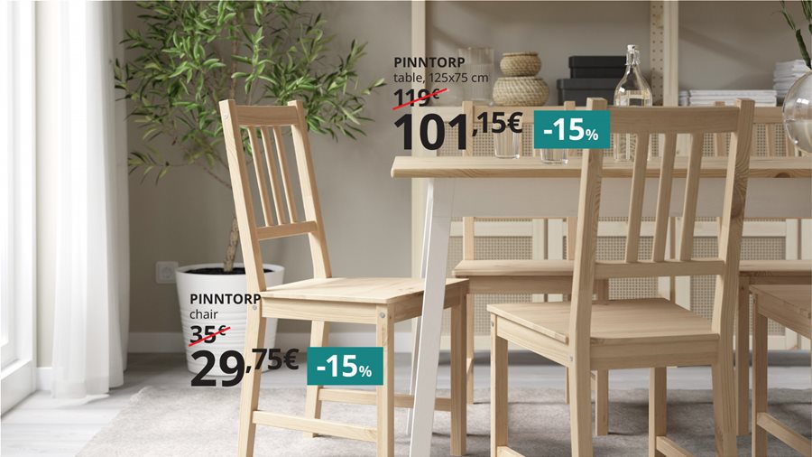 15% off dining tables and chairs.